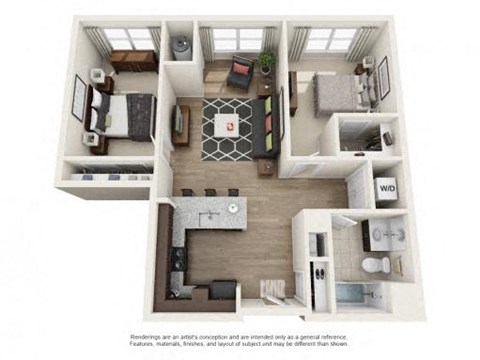 Floor plan for 2 beds, 1 bath, 940 sqft